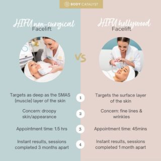 When there is more than one offer on the table, it's great to understand both before making your decision!🫶🏽⁠
⁠
Our HIFU Non-Surgical Facelift is the 'Big Kahuna'! Using three cartridges to target as deep as the SMAS layer to lift, contour and tighten your way back to youth!! 😍⁠
⁠
Our HIFU Hollywood Facelift get's you ready for fame in a quicker appointment! Targeting only the surface layer of the skin, the Hollywood is best to iron out fine lines and wrinkles before your big night out! 🤩⁠
⁠
With both treatments giving you instant results, you can't go wrong!⁠
⁠
Both are on sale now, how 'Body' Good! 😝⁠
Click the link in bio to shop!⁠
⁠
#bodycatalyst #mybodycatalyst #feelbodygood #feelbodygoodsale #hifu #hifuhollywood #hifufacelift #facelift #hollywoodfacelift #nonsurgicalfacelift #lift #contour #skintightening #hifusale #skincare #skin #selflove #selfcare #facetreatment